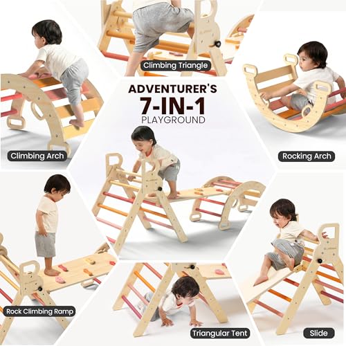 BlueWood Pikler Triangle Set, Toddler Climbing Toys Indoor 7in1 Foldable | Wooden Climber for Kids, Montessori Philosophy Play Jungle Gym with Arch, Ramp, Ladder (Farm Charm Autumn) - color: Farm Charm Autumn