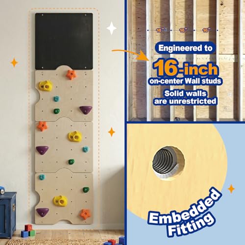 Wooden Rock Climbing Wall for Kids with 15 Rock Climbing Holds | Montessori Climbing Wall for Kids Indoor with Drawing Blackboard, Pre-Drilled Nuts, Home Gym Kids Playroom, Easy Assembly
