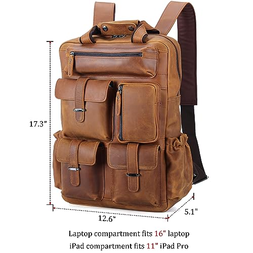 Polare Cowhide Leather Multiple Laptop Backpack Day Pack Travel Bag Satchel For Men - color: Light Brown