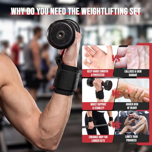 Weight Lifting Hooks & Wrist Straps Set Adjustable Wrist Wraps 2 in 1 Lifting Hooks with Anti-Slip Grip for Weightlifting, Deadlifts, Powerlifting, Gym Straps for Men and Women - color: Red