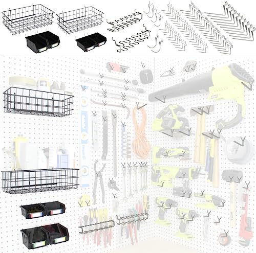 Peg Board Hooks for Hanging Tools with Bins and Baskets – Tool Organization Accessories Kit – Organizer Set of 1 inch, 2 inch, 4 inch L Hooks, J Hook, Pliers Rack, Screwdriver Holder - size: Set w/ Baskets+Bins