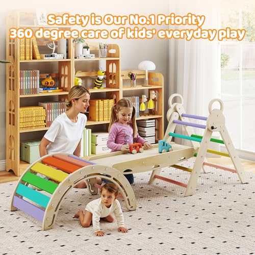 Pikler Triangle Set, 7-in-1 Foldable Toddler Climbing Toys, Indoor Playground for Kids, Montessori Climbing Set Gift, Wooden Baby Jungle Gym, for Toddlers 1-3 (Rainbow) - size: 7-in-1