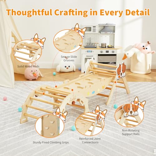 Takywep Pikler Triangle Set, 7-in-1 Foldable Pikler Triangle Climbing Toys Set with Arch & Ramp & Ladder, Indoor Playground Gym, Wooden Montessor Climbing Set for Kids Toddler - color: Brown-dog
