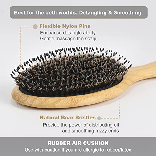 BESTOOL Hair Brush-Boar Bristle Hair Brushes Natural Bamboo Wooden Cushion Massage Anti Static Large Paddle Hairbrush for Women Men and Kid (Round) - color: Natural