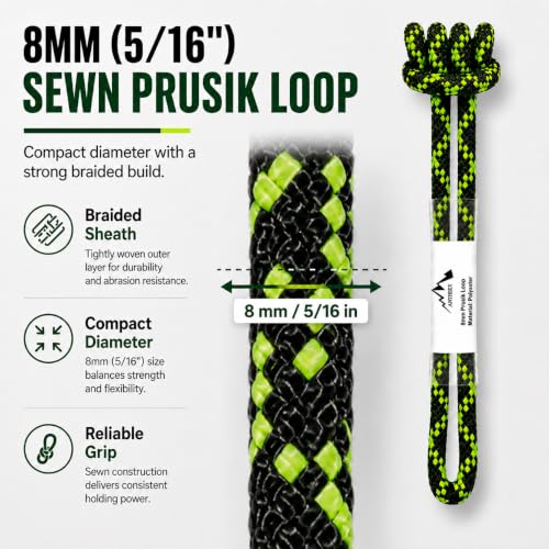 8mm (5/16") Sewn Prusik Loop 18 Inches / 24 Inches - Ideal for Arborist, Firefighting, Rigging, and Rescue Gear Dark Green | 18 inch | Pack of 3 - color: Dark Green | 18 Inch | Pack of 3