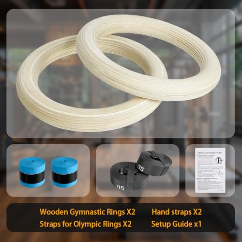 32mm Wooden Gymnastic Rings, Quick Adjust Numbered Straps | solid wood rings, portable design, strength training, calisthenics, home gym & travel workout