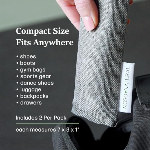 Moso Natural Shoe Deodorizer Inserts (2 Pack) Charcoal Odor Absorber for Shoes, Gym Bag & Boot Deodorizer, Unscented Shoe Odor Elimination, Air Purifying Bags, Lasts 2 Years (4 Bags) - style: 2 Pack (4 Total)