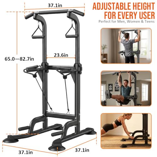 Power Tower Pull Up & Dip Station Multi-Function Home Strength Training Fitness Workout Station Height Adjustable - color: Black