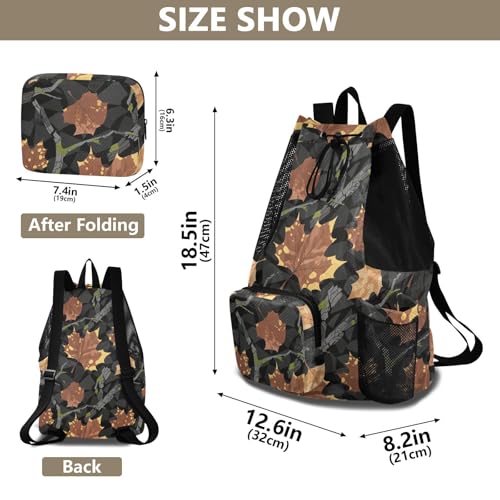 Drawstring Climbing Gym Bag With Pockets Drawstring Bags For Men Women with Wet Dry Compartments Camouflage Maple Leaf Branch Brown Black