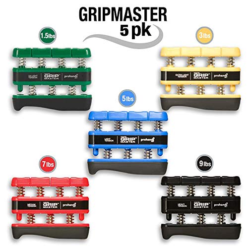 Prohands Gripmaster Hand Exerciser, Finger Exerciser (Hand Grip Strengthener), Spring-Loaded, Finger-Piston System, Isolate & Exercise Each Finger - color: Green, Yellow, Blue, Red, Black - Gripmaster, size: Set of Five (XX-Light/X-Light/Light/Medium/Heav