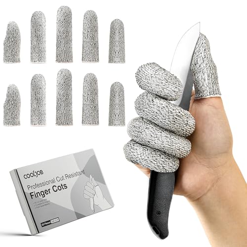 COOLJOB 20-Pack A5 Cut Resistant Finger Cots Full Coverage, Set of 4 - Reusable Anti-Slip Snug-fit Design, Conforms to Men Women Fingers for Work, Kitchen, Garden, Sculpture, Picking, Pruning, S/M - size: Small/Medium
