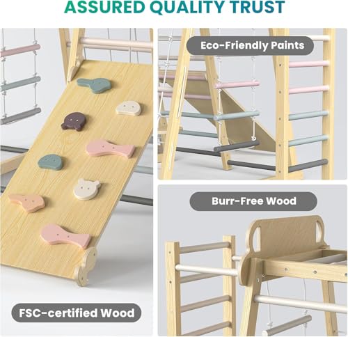 Upgraded Indoor Jungle Gym 9-in-1 Playground Kids Climbing Toys | Waldorf Style Wooden Climber Playset with Slide, Swing, Monkey Bars, Upright/Rope Ladder, Climb Net, Pink - color: Pink