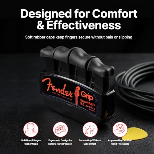 Fender GRIP Hand and Finger Exerciser – Best Ergonomic Finger Strengthener to improve play on all stringed instruments (Guitar, Bass, Violin, etc.) (Tensions: WHITE=5-Lbs; RED=7-Lbs; BLACK=9-Lbs) - color: Black