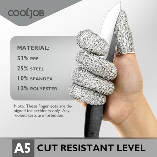 COOLJOB 20-Pack A5 Cut Resistant Finger Cots Full Coverage, Set of 4 - Reusable Anti-Slip Snug-fit Design, Conforms to Men Women Fingers for Work, Kitchen, Garden, Sculpture, Picking, Pruning, L/XL - size: Large/Xlarge