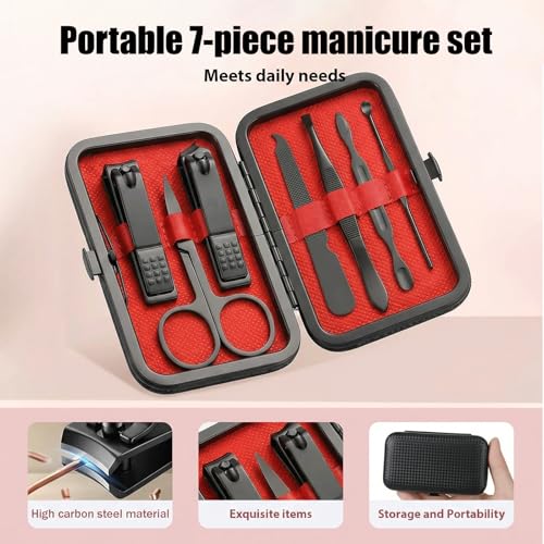 Manicure Kit for Women Men-Manicure Set with Case, Nail Clippers, Portable Nail Care Kit for Travel Home Personal Grooming（Red 7 in 1） - color: Red