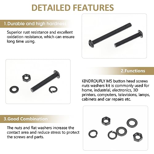 202 Pieces Black M5 x 30/35 /40/45 /50 mm Button Head Socket Cap Screws Nuts Washers Assortment Kit, 10.9 Grade Alloy Steel - size: M5 x 30/35/40/45/50mm, style: Button Head