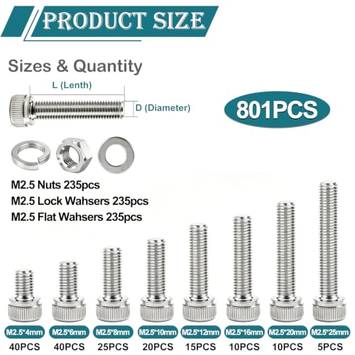 mxuteuk 801PCS M2.5 Screws Assortment Set,M2.5 x 4/6/8/10/12/16/20/25mm M2.5bolts，304 Stainless Steel Hex Socket Head Bolts Nuts Washers Set Suitable for 3D Printer,DIY - size: SS 801PCS M2.5, style: Hex Socket Head