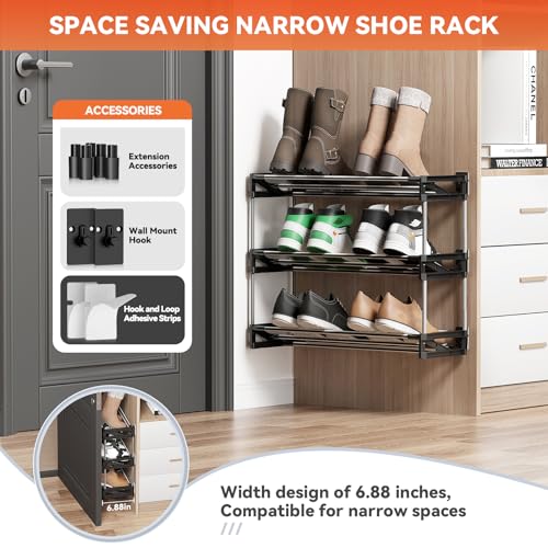 3 Tier Narrow Shoe Rack with Hook and Loop Sticky Adhesive Strips Shoe Shelf for Wall Mounted Slim Shoe Rack Space Saving Design Wall Shoe Organizer for RV - color: Black