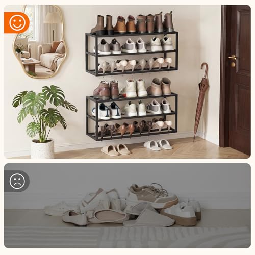 HOOBRO Wall Mounted Shoe Rack, 2-Pack Hanging Metal Shoe Storage Organizer, 3-Tier Vertical Shoe Holder, Metal Shoe Shelf for 18-24 Pairs, Entryway, Hallway, Closet, Black BK33XJP201