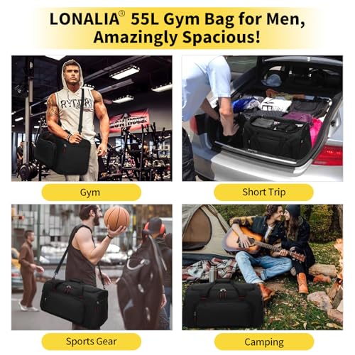 55L Sports Gym Duffle Bag for Men, Black | 22 inch, Multi Pockets, Large Capacity, Workout, Travel, Weekender, Fitness - color: Black