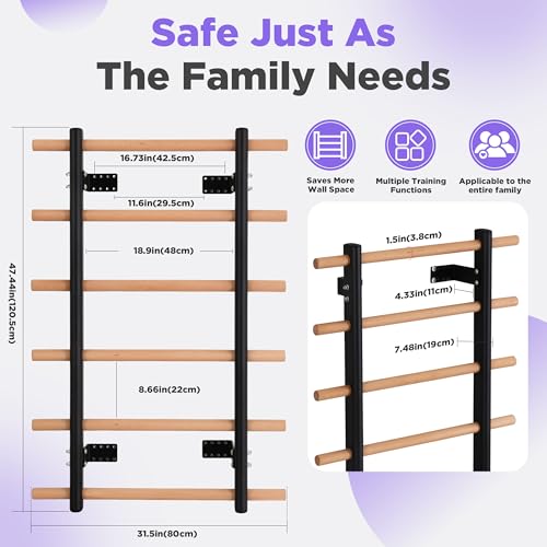 Half Height Swedish Wall Ladder Bar Full Body Workout for Small Home Gym | Compact wall design,Wood rungs & steel brackets suit family full body stretch, gymnastics & home fitness