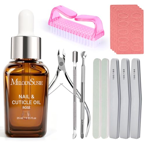 MelodySusie 14PCS Manicure Tools Kit Nail Care Set | Nail File,Cuticle Trimmer and Pusher,Mini Sandpaper,Nail Brush and Rose Cuticle Oil 25ML - size: 14Pcs Rose