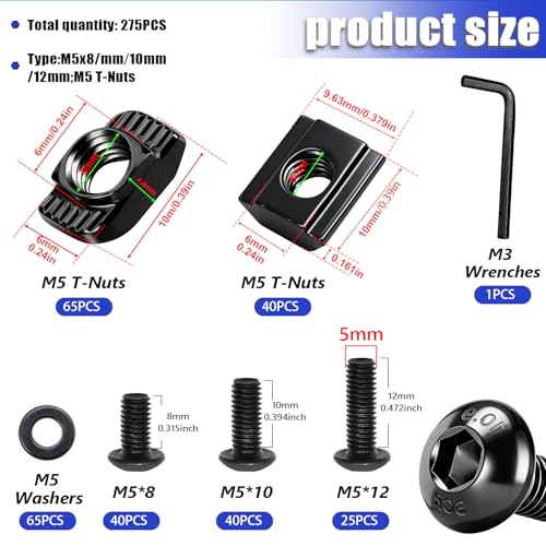 Taiss 275PCS M5 T-Nuts and Bolts Kit for 2020 Aluminum Extrusion Hardware,T Sliding Nut,T-Slot Nut,M5x8/10/12mm Hexagon Socket Screws and Washers with Hex Wrench - size: 275PCS M5 T-Nuts Screw Kit