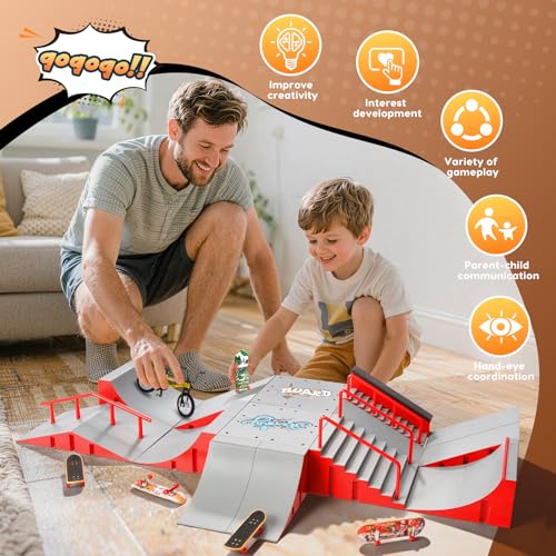 Finger Skateboard Park Kit for Kids, 14-in-1 Mini Skatepark Ramp Set with Half Pipe, 8 Finger Skateboards & Finger Bike, Ramp Accessories Toy Gifts for Boys Girls Ages 3+ - color: 14in1-red