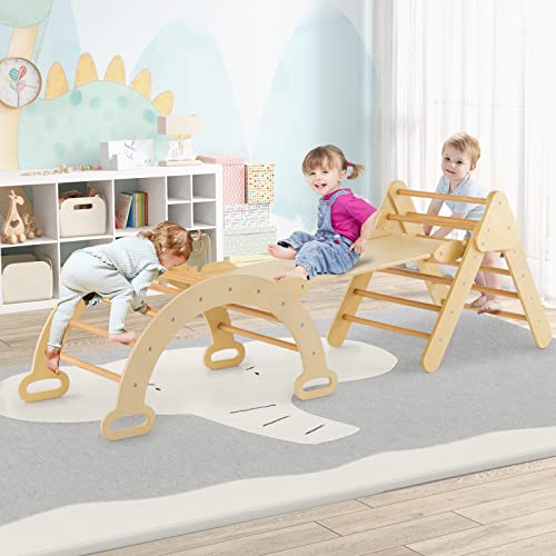HONEY JOY 5 in 1 Wooden Climbing Toys for Toddlers, Triangle Climber with Ramp for Sliding or Climbing, Indoor Beech Montessori Triangle Climbing Arch Set for Daycare, Gym & Playground, Natural - style: 5 In 1