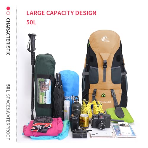 Bseash 50L Hiking Backpack, Water Resistant Lightweight Outdoor Sport Daypack Travel Bag for Camping Climbing Skiing Cycling (Gold - With Shoe Compartment) - color: Gold - With Shoe Compartment