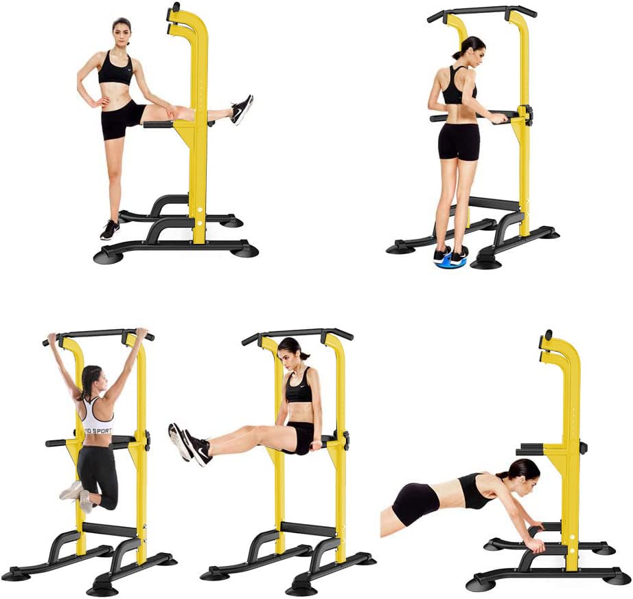 SogesHome Multi-Function Power Tower Pull Up Bar Dip Station for Home Gym | Height Adjustable PullUp Dip Stand, Full Body Strength Training Equipment, Fitness Workout for Push Ups Dips, 330LB Capacity - color: Yellow