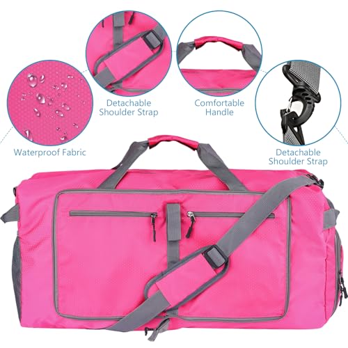 60L Duffle Bag with Shoes Compartment - Foldable&Large Capacity Travel Duffel Bags, Lightweight & Water-Resistant Gym Bag - Rose - color: 60L-Rose