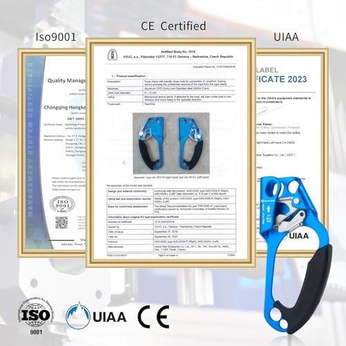 NewDoar UIAA & CE Certified Hand Ascender Rock Climbing Tree Arborist Rappelling Gear Equipment Rope Clamp for 8~13MM Rope - color: Blue Set-Right