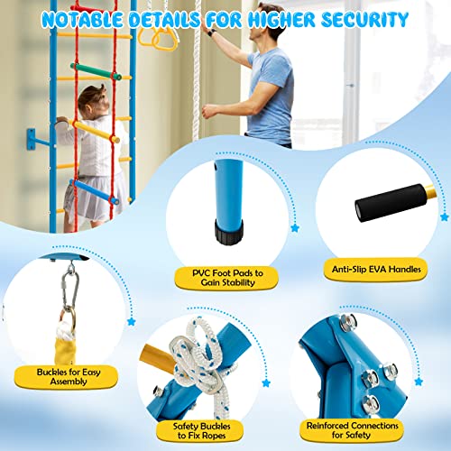 HONEY JOY Climbing Toys for Toddlers, Upgrade Metal Indoor Kids Gym for Solid Wall, Playground and Climbing Exercise Set with Rope Ladder, Pull-up Bar, Monkey Bars, Gymnastic Rings (5 in 1) - size: 5 In 1