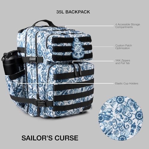 WOLFpak 35L Athletic Gym Backpack - Durable 1000D Waterproof Oxford Material with MOLLE Webbing, Laptop Pocket - color: Sailor's Curse