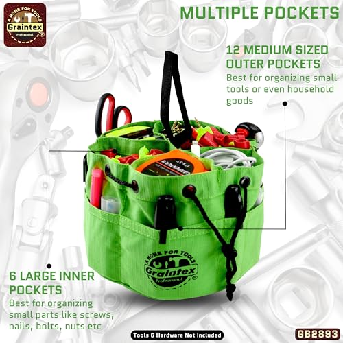 Graintex 18 Pockets Grab Bag Rip-stop Canvas Drawstring Closure, Small Part Organizer Pouch, Small Tools, Screws, Parts, Parachute Tool Bag for Efficient Storage - Lime Green - color: Lime Green