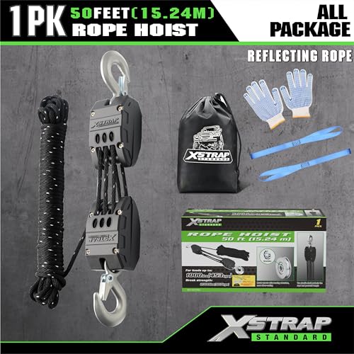 XSTRAP STANDARD 50FT Reflective Rope Hoist Pulley Block & Tackle 5:1 System | 1000 LB Working Load, 2000 LB Break Strength, 50 FT Rope Hoist with 2 Soft Loops for Garage, Hunting & DIY Attic Lift - color: Reflective Black