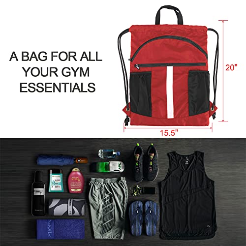 BeeGreen Drawstring Backpack Bag with Shoe Compartment, X-Large Black Gym Sports String Cinch Backpack - color: Red