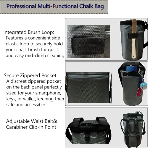 Rock Climbing Chalk Bag & Bouldering Bucket, 7.5" Oxford with Zipper Pocket - Lightweight Gym Accessories for Men Women (Black/Charcoal Grey) - color: Grey