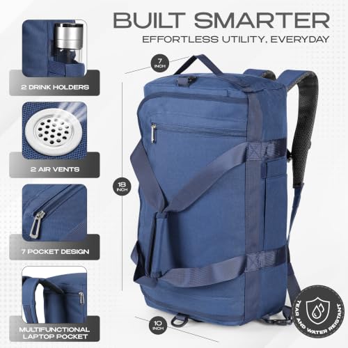 3-in-1 Duffle Bag Backpack with Shoe & Laptop Pocket, Cup Holder, Ventilated Gym & Travel Bag (Navy Blue) - color: Navy Blue