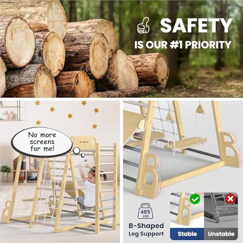 Upgraded Indoor Jungle Gym 9-in-1 Playground Kids Climbing Toys | Waldorf Style Wooden Climber Playset with Slide, Swing, Monkey Bars, Upright/Rope Ladder, Climb Net, Pink - color: Pink