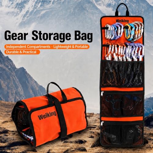 Climbing Quickdraw Hanging Storage Bag, Carabiner Hook Gear Equipment Parts Collections, Durable Foldable Bundled Roll Anti-scratch Bag, Small Tools Organizer Pouch, suit for Rock Climbing Ice Climb