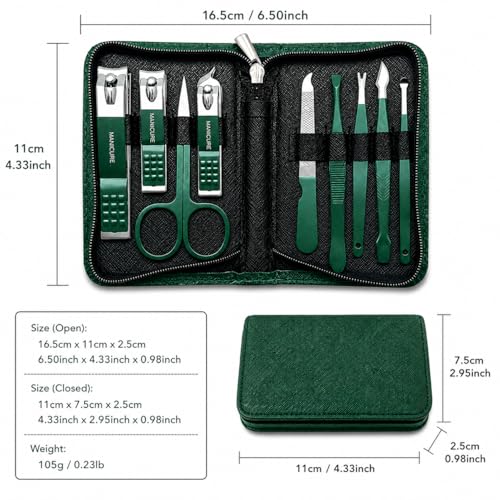 Professional Manicure Set – 9-Piece Stainless Steel Nail Clippers & Pedicure Grooming Kit with Portable Dark Green Leather Travel Case for Men