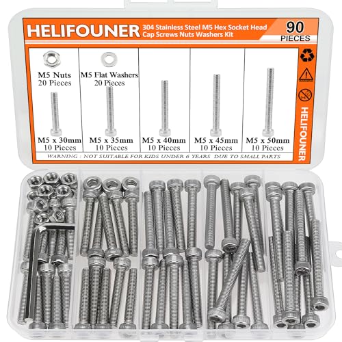 HELIFOUNER 90 Pieces M5 x 30mm /35mm /40mm /45mm /50mm, Hex Socket Head Cap Screws Bolts Washers Nuts Kit with Hex Wrench, 304 Stainless Steel - size: M5 Long Screw Kit (90 PCS)