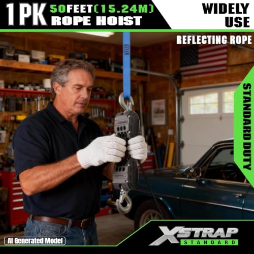 XSTRAP STANDARD Heavy-Duty Block and Tackle Pulley System, 1000 LB Working Load, 2000 LB Break Strength, 50 FT Rope Hoist with 2 Soft Loops for Garage, Hunting & DIY Attic Lift, White - color: 50 Ft+Black White+2 Soft Loops