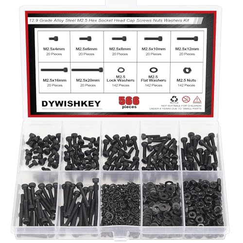 DYWISHKEY 566 Pieces M2.5 Black Screws, 12.9 Grade Alloy Steel M2.5X 4/6 /8/10 /12/16 /20mm Hex Socket Head Cap Screws Bolts Nuts Washers Assortment Kit - size: M2.5, style: Socket Head