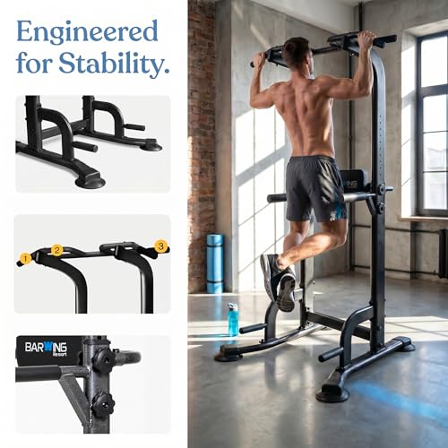 BARWING Pull Up Bar Station, Power Tower, Dip Station with 3D Backrest, Multi-Function Strength Training Stand Rack, Adjustable Height Dip Bar for Home Gym Workout Stand Fitness Exercise Equipment - color: P008-B