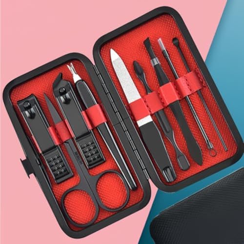 Premium Stainless Steel Manicure Set – 9-in-1 Grooming Kit with Elegant Leather Storage Case-RED