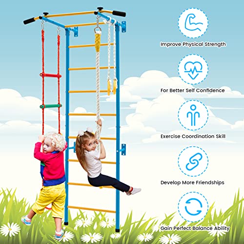 HONEY JOY Climbing Toys for Toddlers, Upgrade Metal Indoor Kids Gym for Solid Wall, Playground and Climbing Exercise Set with Rope Ladder, Pull-up Bar, Monkey Bars, Gymnastic Rings (5 in 1) - size: 5 In 1