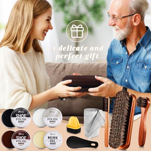 17Pcs Leather Shoe Polish Set Travel Boots Shine Care Kit Horsehair Brushes for Men Him Husband Dad (Style A)